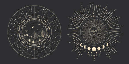 Vector illustration set of moon phases. Different stages of moonlight activity in vintage engraving style. Zodiac Signsのイラスト素材
