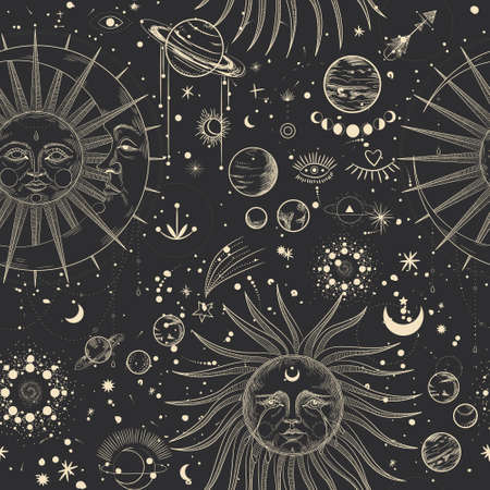 Vector illustration set of moon phases. Different stages of moonlight activity in vintage engraving style. Zodiac Signsのイラスト素材