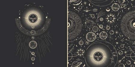 Vector illustration set of moon phases. Different stages of moonlight activity in vintage engraving style. Zodiac Signsのイラスト素材