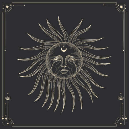 Vector illustration set of moon phases. Different stages of moonlight activity in vintage engraving style. Zodiac Signsのイラスト素材