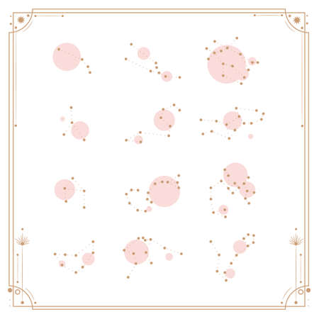 Vector illustration set of moon phases. Different stages of moonlight activity in vintage engraving style. Zodiac Signsのイラスト素材