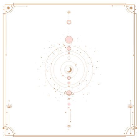 Vector illustration set of moon phases. Different stages of moonlight activity in vintage engraving style. Zodiac Signsのイラスト素材