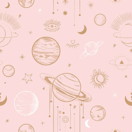 Vector illustration set of moon phases. Different stages of moonlight activity in vintage engraving style. Zodiac Signsのイラスト素材