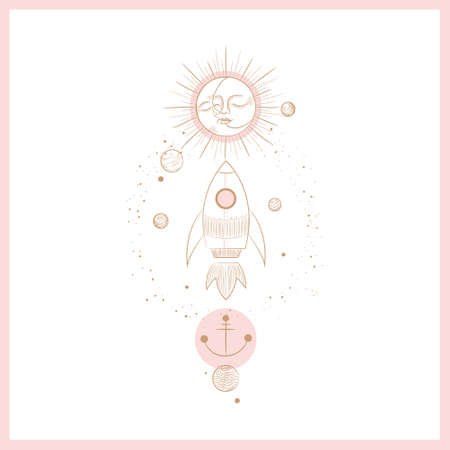 Vector illustration set of moon phases. Different stages of moonlight activity in vintage engraving style. Zodiac Signsのイラスト素材