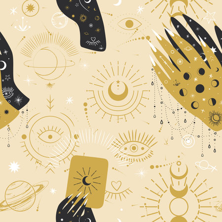 Vintage retro engraving style magic hand. spiritualistic session, witch's palm, cult of space and...