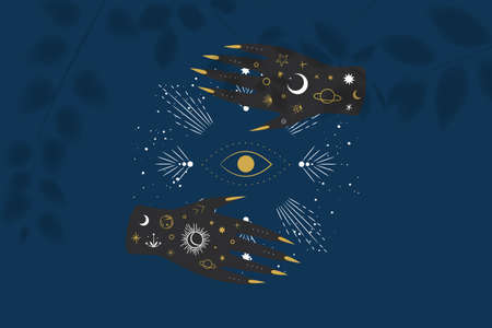 Vintage retro engraving style magic hand. spiritualistic session, witch's palm, cult of space and magic. Vector graphicsのイラスト素材