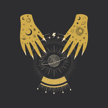 Vintage retro engraving style magic hand. spiritualistic session, witch's palm, cult of space and...