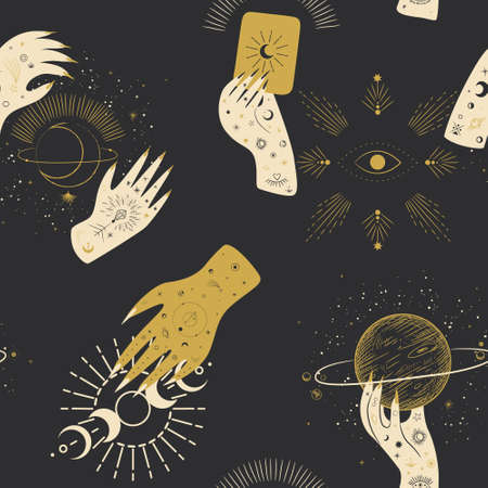 Vintage retro engraving style magic hand. spiritualistic session, witch's palm, cult of space and magic. Vector graphicsのイラスト素材