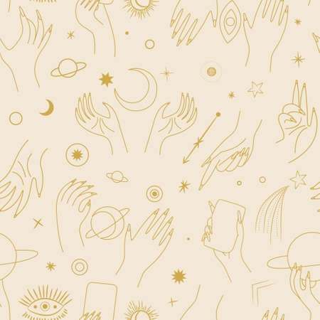 Vintage retro engraving style magic hand. spiritualistic session, witch's palm, cult of space and magic. Vector graphicsのイラスト素材