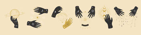 Vintage retro engraving style magic hand. spiritualistic session, witch's palm, cult of space and magic. Vector graphicsのイラスト素材