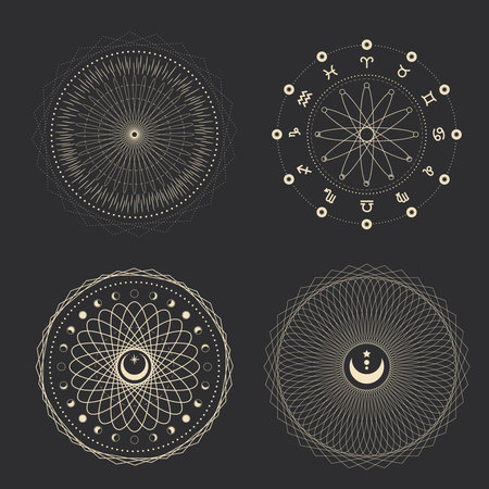 Vector illustration set of moon phases. Different stages of moonlight activity in vintage engraving...