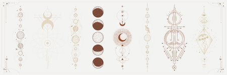 Vector illustration set of moon phases. Different stages of moonlight activity in vintage engraving...