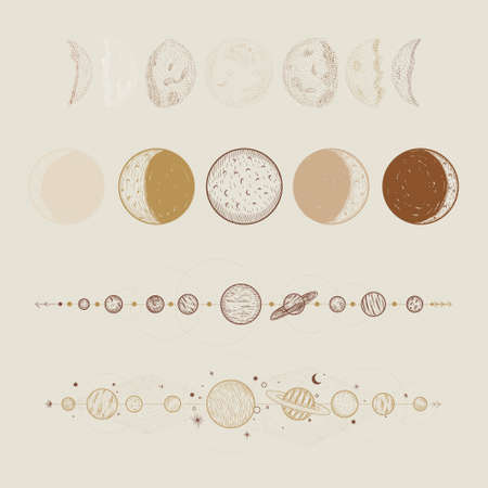 Vector illustration set of moon phases. Different stages of moonlight activity in vintage engraving style. Zodiac Signsのイラスト素材