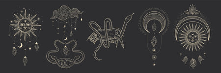 Vector illustration set of moon phases. Different stages of moonlight activity in vintage engraving style. Zodiac Signsのイラスト素材