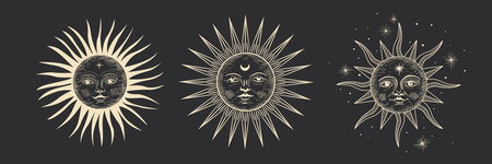 Vector illustration set of moon phases. Different stages of moonlight activity in vintage engraving...