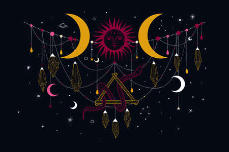 Vector illustration set of moon phases. Different stages of moonlight activity in vintage engraving style. Zodiac Signsのイラスト素材