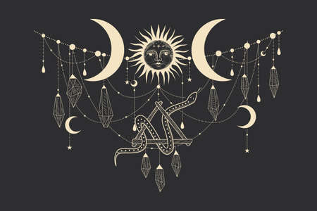 Vector illustration set of moon phases. Different stages of moonlight activity in vintage engraving style. Zodiac Signsのイラスト素材