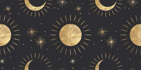 chic golden luxurious retro vintage engraving style. image of the sun and moon phases. culture of...