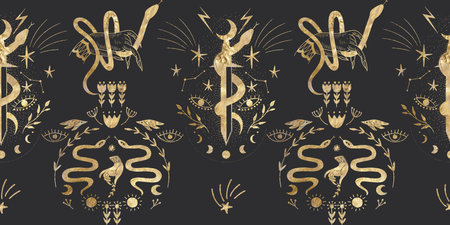 chic golden luxurious retro vintage engraving style. image of the sun and moon phases. culture of...
