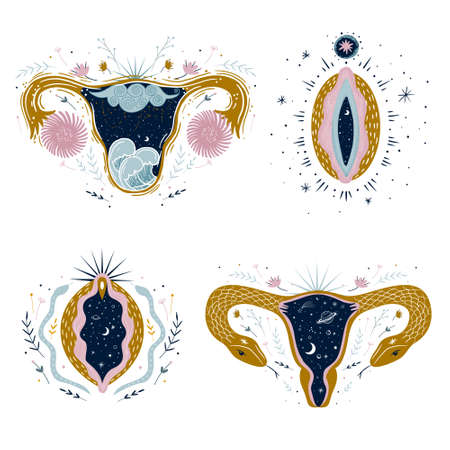 abstract image of a vagina. outer space, planets, moon and stars. snake tempter and plant herbs. printing on fabric and paper. radical femenism. vectorのイラスト素材