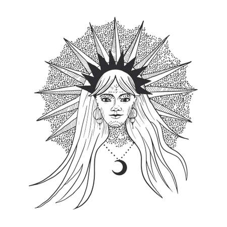 Vector illustration set of moon phases. New style, holographic background, trend shimmer. Different stages of moonlight activity in vintage engraving style.のイラスト素材