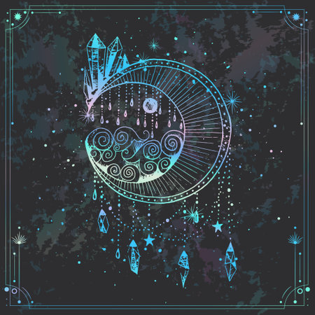 Mystical geometry illustration with moon and stars.のイラスト素材