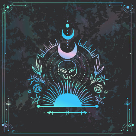 Vector illustration with sacred geometry symbols on dark grunge background. Abstract mystic sign.のイラスト素材