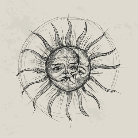 Sketch of sun. Hand drawn vector illustration. Engraved style.のイラスト素材
