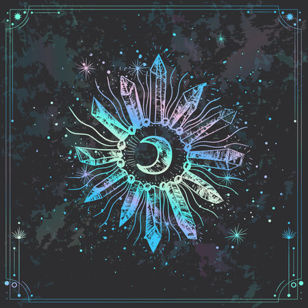 Vector illustration with hand drawn sun and stars on grunge background.のイラスト素材