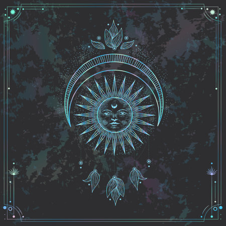 Vector illustration with sun, moon phases. Zodiac signs. Sacred geometry. Dark background.のイラスト素材