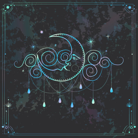 Illustration of Sacred Geometry on Dark Grunge Background with Moon and Starsのイラスト素材