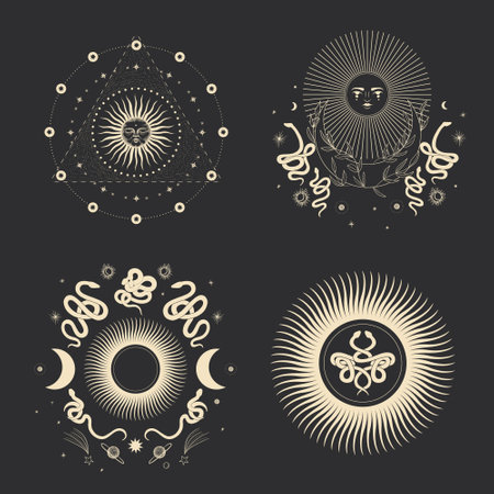 Vector set of ornamental suns, moon phases, zodiac signs.のイラスト素材