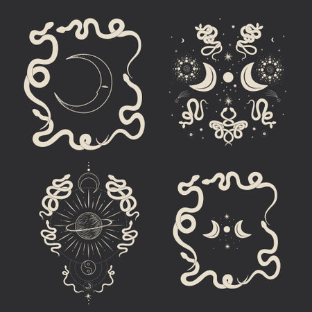 Vector set of hand drawn ornamental frames with moon and stars.のイラスト素材