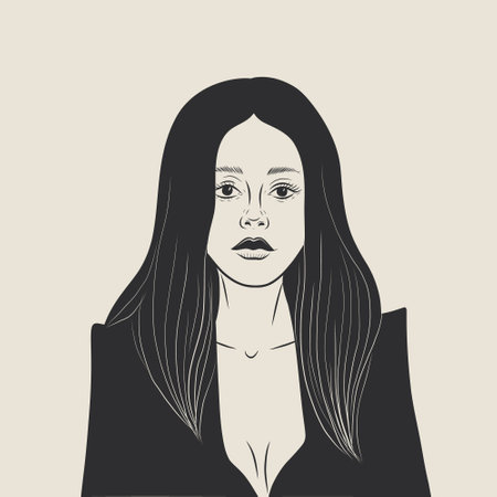 Beautiful young woman with long hair. Vector illustration in black and white.のイラスト素材