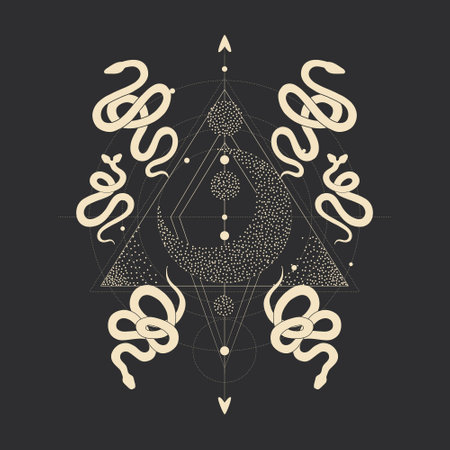 Vector illustration with hand drawn snake and Sacred geometric symbol on black background. Abstract mystic sign. Gold linear shape. For you design, tattoo or magic craft.のイラスト素材