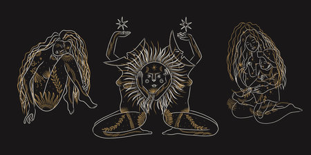 Hand drawn vector illustration of a set of Indian gods. Isolated objects on black background.のイラスト素材