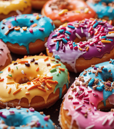 Colorful donuts with sprinkles on dark background. Close up.の素材