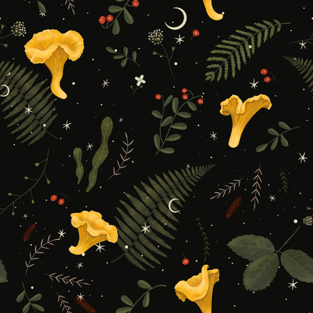 Seamless pattern with chanterelle mushrooms on black background.の写真素材