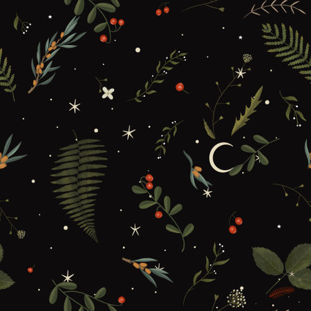 Seamless pattern with leaves and berries on black background. Vector illustration.の写真素材