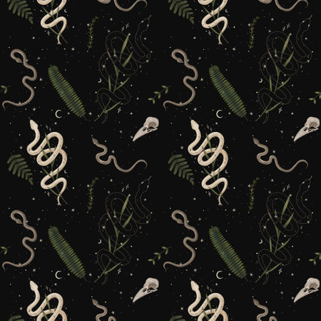 Seamless pattern with snakes and leaves on a dark background.の写真素材