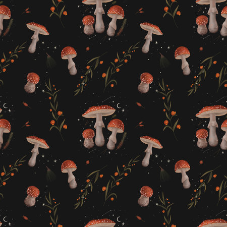 Seamless pattern with fly agaric mushrooms on black backgroundの写真素材