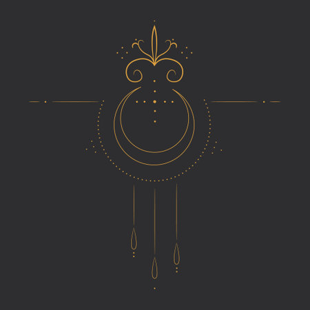 Vector sacred geometry illustration with crescent moon and stars. Line art designのイラスト素材