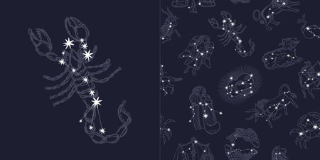 Seamless pattern with outline zodiac signs on dark blue backgroundのイラスト素材