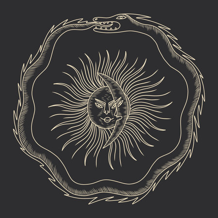 Hand drawn moon and sun. Vector illustration in vintage style. Isolated on black background.のイラスト素材