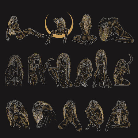 Vector set of hand drawn illustrations with mermaids. Isolated objects on black background.のイラスト素材