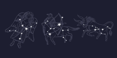 Vector set of astrological symbols. Zodiac signs: Capricorn, Gemini, Capricorn, Unicorn.のイラスト素材