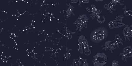 Seamless pattern with constellations and stars on a dark blue background.のイラスト素材