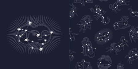 Seamless pattern with hand drawn zodiac signs on dark blue backgroundのイラスト素材