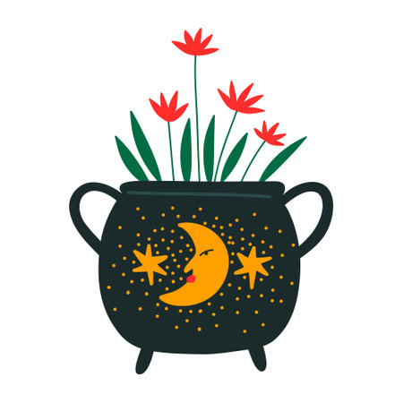 Cute witch cauldron with flowers and moon. Vector illustration.のイラスト素材