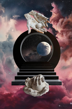 Astronaut hands on the stairs in a fantasy space. 3d renderingの素材